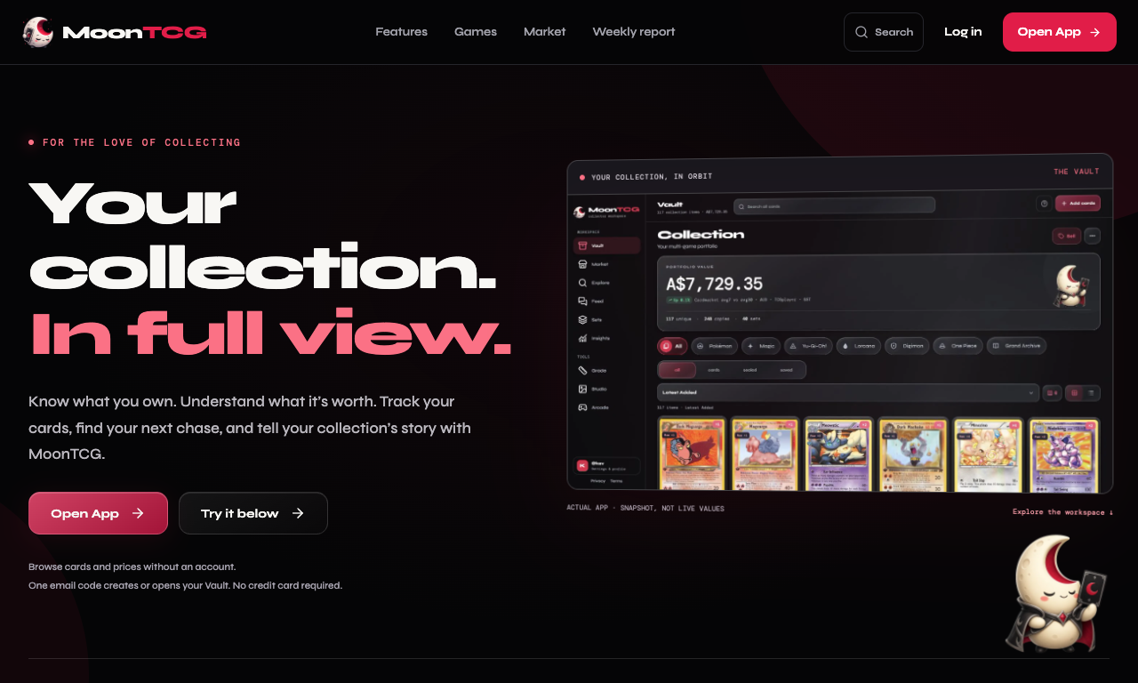 MoonTCG website screenshot, starting at the top of the page